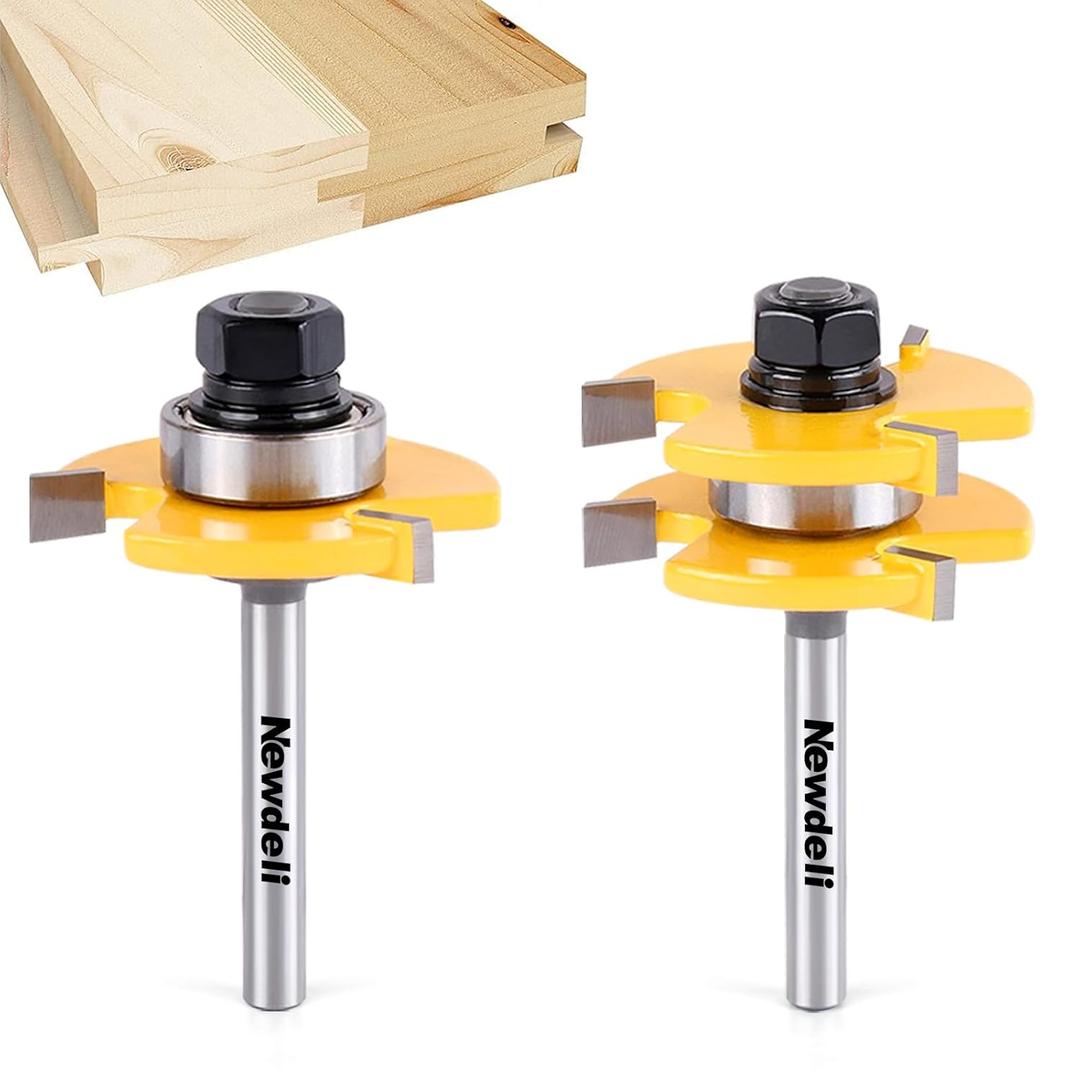 Newdeli Tongue and Groove Router Bit Set 1/4 Inch Shank - 2pcs Router Bits for 3/4" Stock, 1/2" Cutting Depth - T Shape 3 Teeth Wood Milling Cutter Woodworking Tool