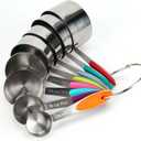 Stainless steel measuring cup set, consisting of 8 cups, suitable for cooking and baking.