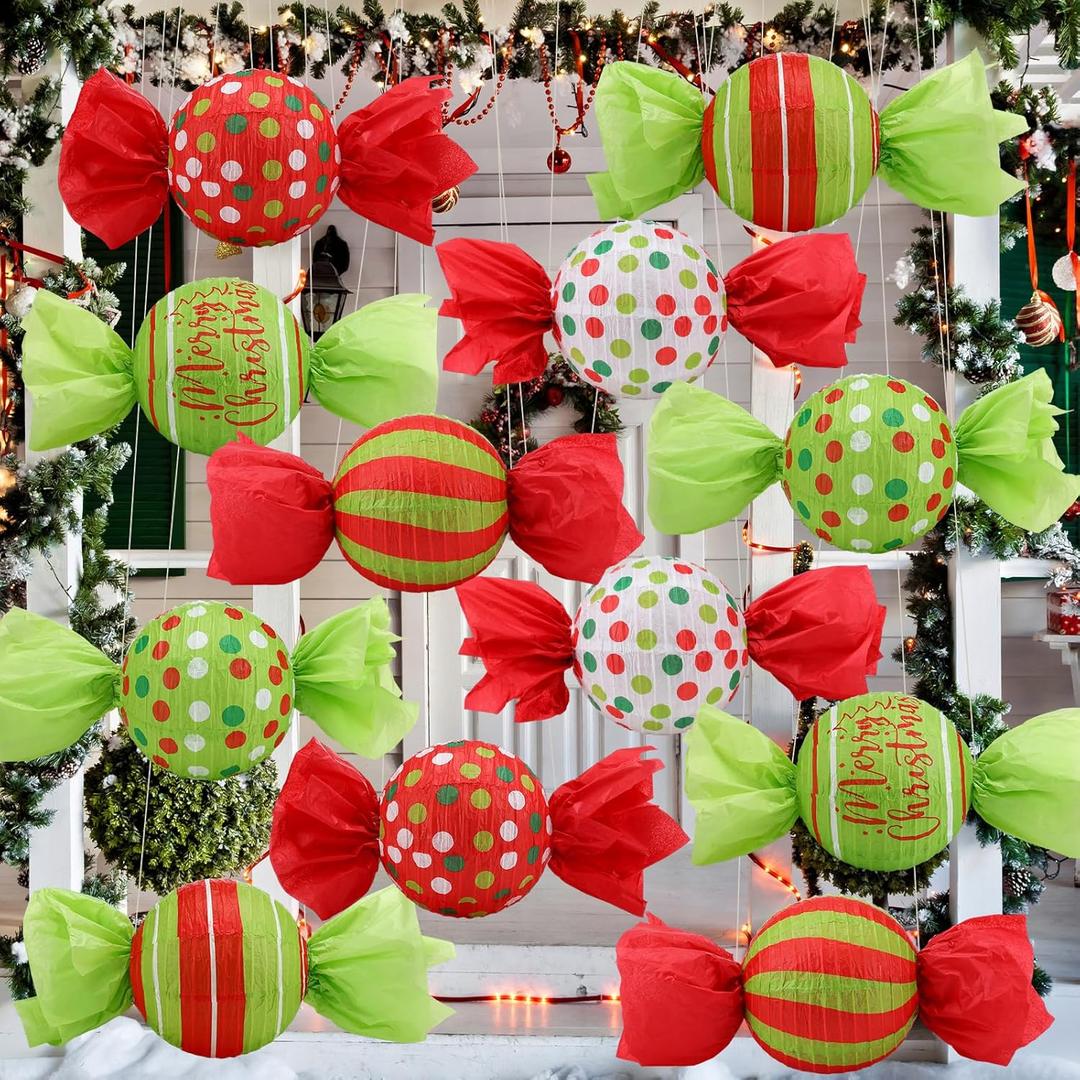 12 Pcs Christmas Party Decorations Red and Green Paper Lanterns Candy Red and Green 9.8 Inch Lanterns Christmas Hanging Ornament Candy Indoor Outdoor Decoration for Holiday Xmas Party