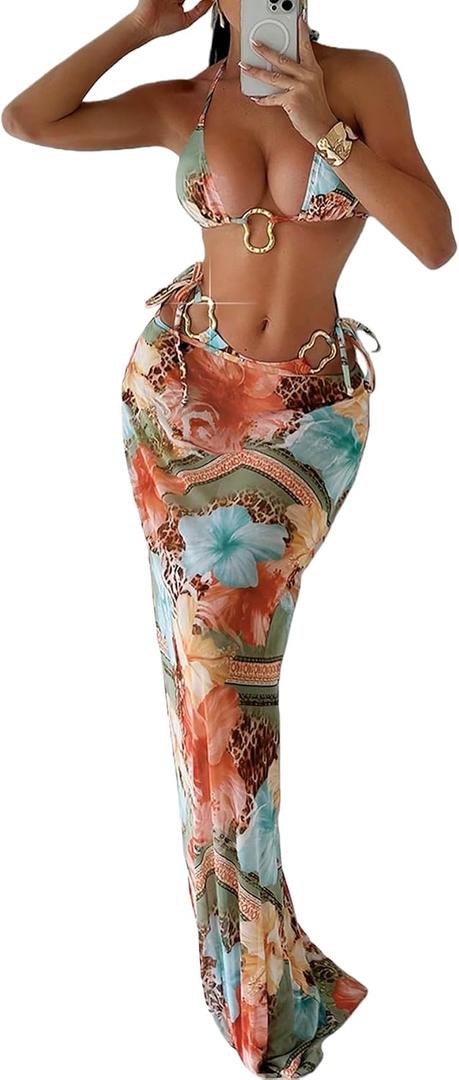 Women's Long Skirt Bikini Set Floral Print High Slit Halter Top Swimsuit Tie Side Beach Vacation Cover Up