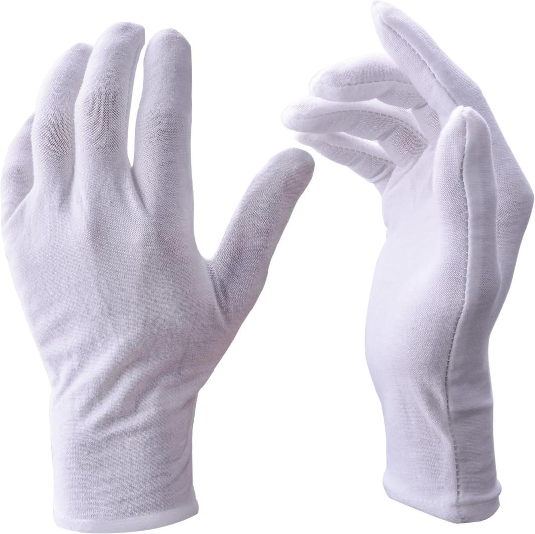 12 Pairs White Cotton Gloves Soft Cloth Dust Hand Gloves Work for Men Women Art Crafting Handling, Eczema, BBQ, Coin Jewelry Watch Inspection, Dry Hands Sleeping, Archival, Large (White, L)