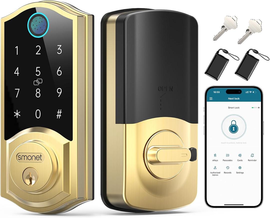 SMONET Smart Lock Keyless Entry Door Lock,Brass Fingerprint Smart Deadbolt with App Remote Control,Electric Bluetooth Digital Door Locks for Front Door,Easy to Install,Gold