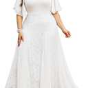 TIARALY Plus Size Formal Lace Dress Maxi V Neck A-line Chiffon Wedding Guest Prom Evening Gown Gala Elegant, White, 2X