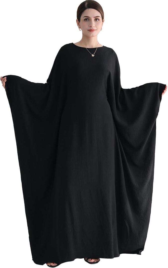 Muslim Abaya Dress Women Middle East Arabian Prayer Robe Batwing Maxi Kaftan Abaya Dress with Hijab (One Size, Black)