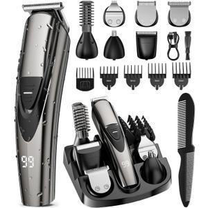 SHPAVVER Beard Trimmer for Men: Professional Barber Hair Clippers - 12-in-1 Cordless Grooming Kit - Waterproof Electric Razor with Turbo Speed & Precision Blades (Grey Black)