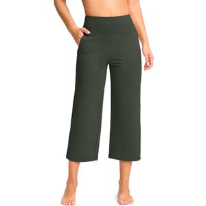 Women's Wide Leg Capri Pants with Pockets Tummy Control High Waist Yoga Dress Crop Pants for Women(Dark Green, L)