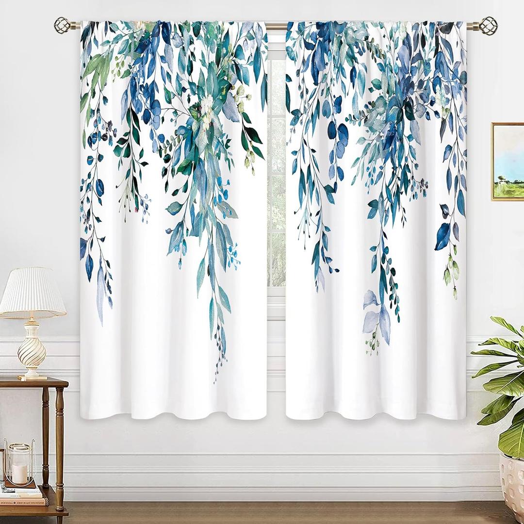 Teal Eucalyptus Botanical Leaves Floral Window Curtains Blue Watercolor Turquoise Flower Plant Wildflower Farmhouse Curtain Drapes Herb Curtains for Bedroom Living Room Treatment 42Wx63H (42"W x 63"L (Pack of 2), 07 Navy Blue)