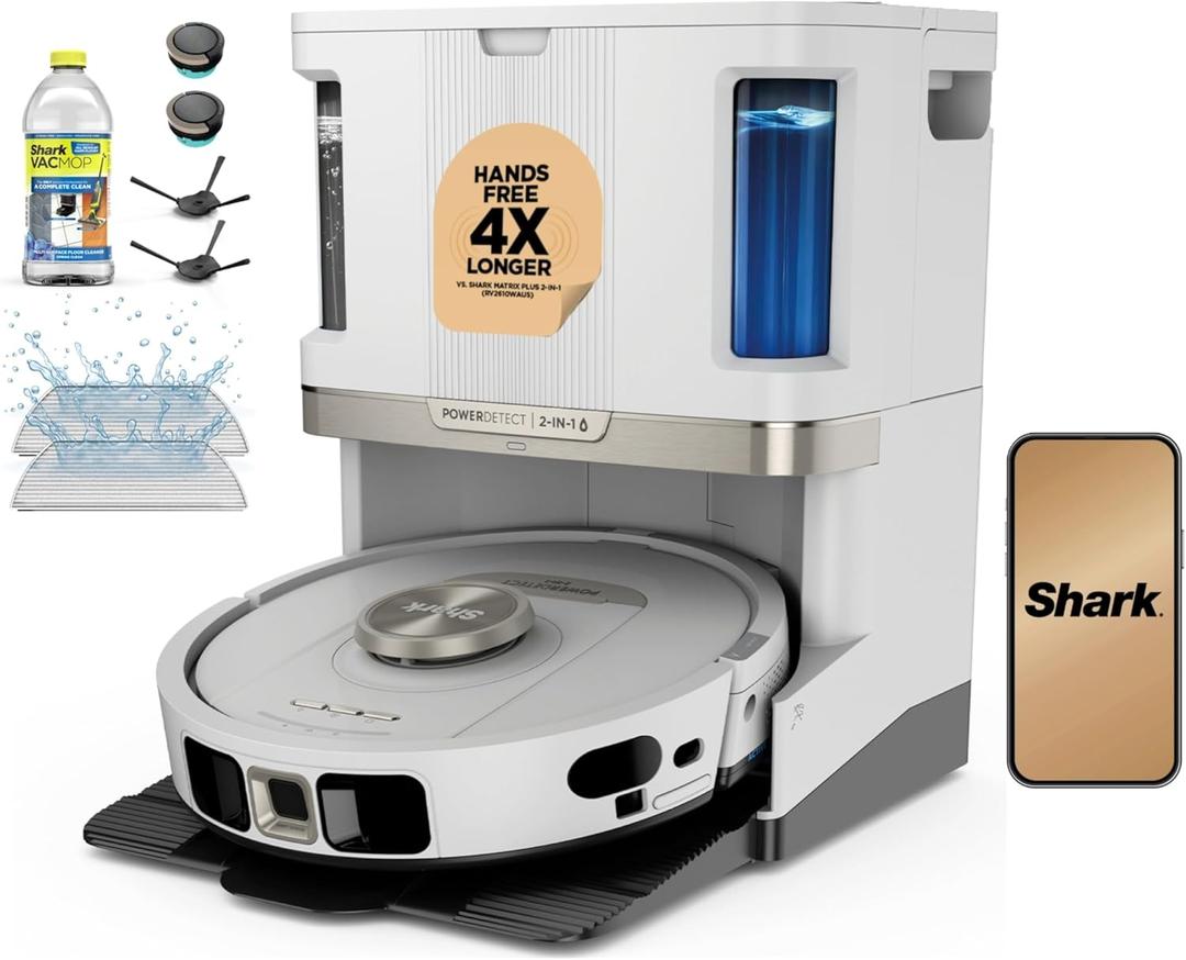 Shark PowerDetect | 2-in-1 Robot Vacuum & Mop for Carpets & Hard Floors | Powerful Suction & Mopping for Pet Hair | Self-Empty & Self-Clean NeverTouch Pro Base | 60-Day Capacity | White | AV2800ZE