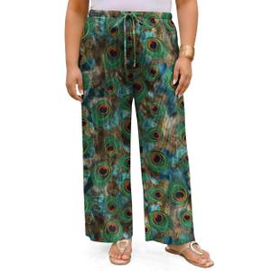 Cetieo Women's Plus Size Palazzo Pants High Waisted Wide Leg Trousers (Green, L)