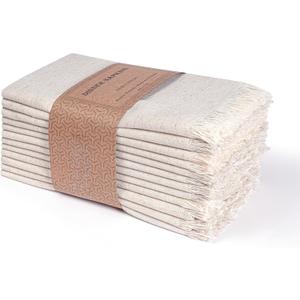 Linen Cloth Napkins 18x18 inch Set 12 Natural with Fringes Corner, Dinner,Wedding,Table,Baby Shower,Machine Washable Fabric Napkins