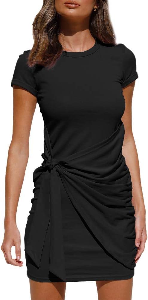 LILLUSORY Womens Casual Short Sleeve Spring Vacation T Shirt Dress 2026 Summer Bodycon Wrap Ruched Mini Sundress (Large, Black)
