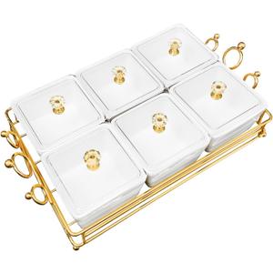 YA JU Ceramic Bowls and with Lid Gold Basket Trays, 6 Removable Small Bowls Condiment Trays Nut Serving Set for Snacks, Fruits, Candy and Condiments -Great for Parties, Holiday Gifts, White, 13.8 INCH