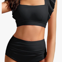 Kate Kasin Womens High Waisted Bikini Sets Ruffle Tummy Control Swimsuits Full Coverage Cheeky Two Piece Bathing Suit,L,Black