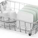 JAQ Dish Drainer in Sink Adjustable 14.96" to 20.59", Expandable 304 Stainless Steel Metal Dish Drying Rack Organizer with Stainless Steel Utensil Holder Over Inside Sink Counter