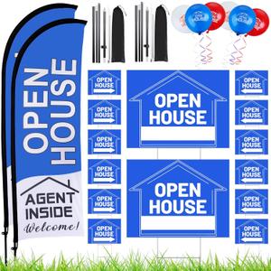 Buryeah 106 Pcs Real Estate Agent Supplies Accessories, 2 Open House Banner Flag with Pole Kit, 14 Yard Lawn Ground Sale Directional Arrows Signs with Stakes Double Sided and 90 Balloons (Blue)