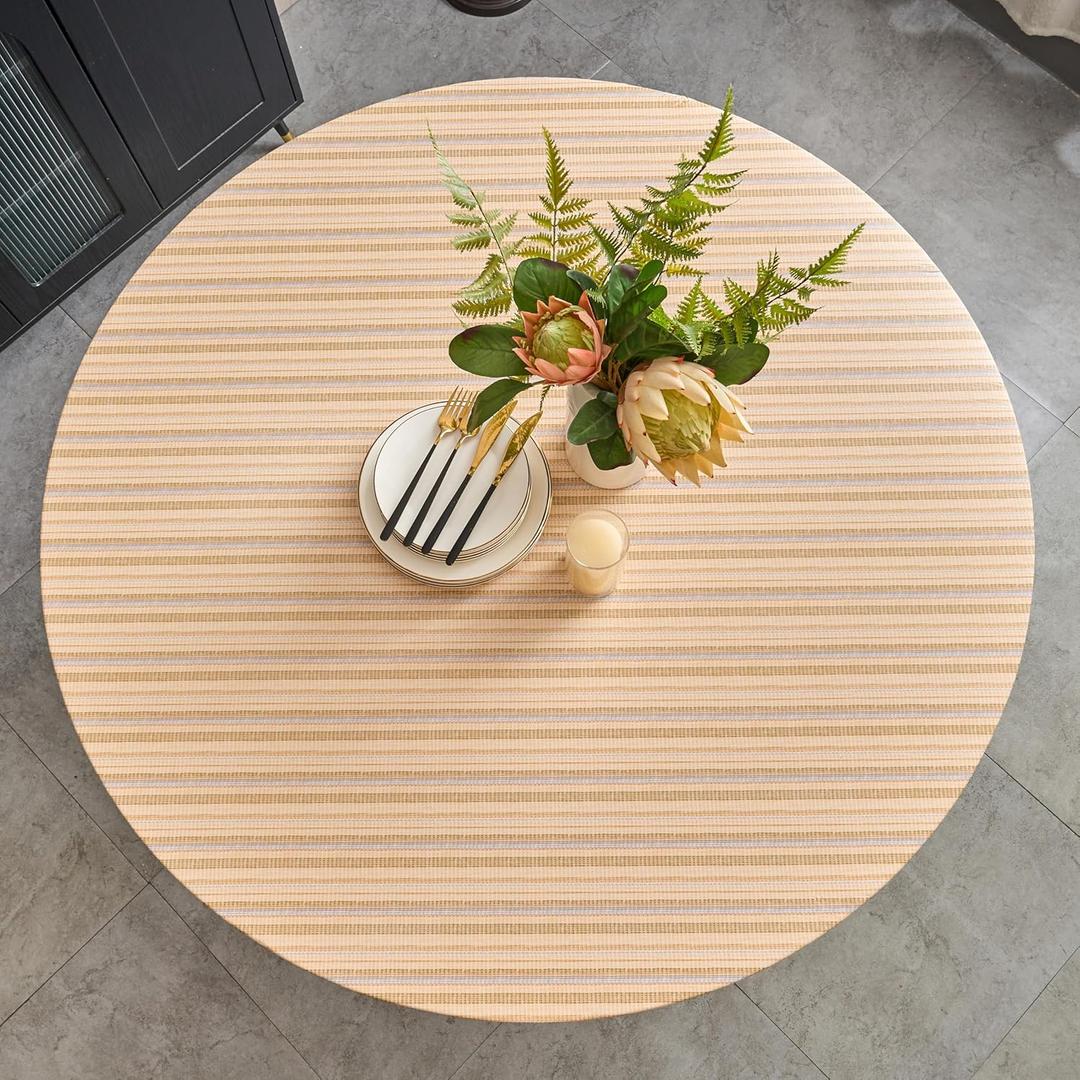 Pioggia Round Vinyl Fitted Tablecloth with Flannel Backing Elastic Table Cloth Waterproof Oil-Proof Plastic Table Cover Best for 37"-44" Round