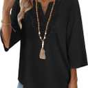 WIHOLL 3/4 Length Sleeve Womens Tops Boho V Neck Lace Shirt Trendy Blouses Dressy Casual Vacation Clothes S-3XL (Black, XXXL)