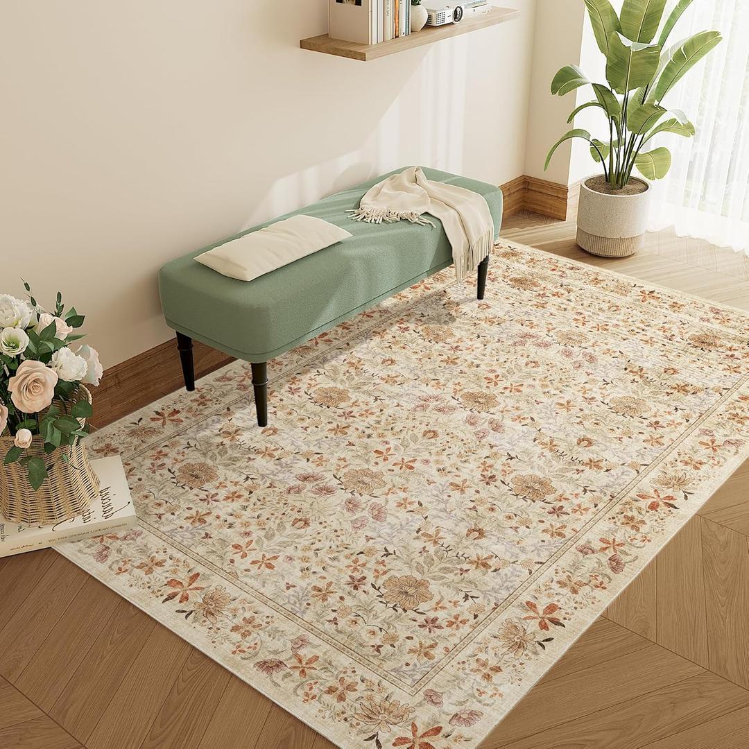 DUKINO 3x5 Area Rug, Vintage Floral Washable Rug for Bedroom with Non Slip Design, Soft Low Pile Indoor Small Carpet for Bedroom, Farmhouse, Living Room, Office, Bathroom, Beige