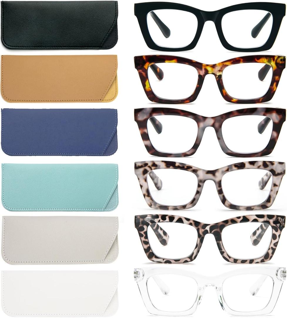 REAVEE 6 Pack Reading Glasses for Women Blue Light Blocking, Cute Square Computer Readers with Spring Hinge