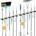 2 Pack Mop and Broom Holder Wall Mount, 5 Racks and 4 Hooks Broom Organizer Storage Tool Racks Stainless Steel Heavy Duty Hooks Self Adhesive Solid Non-slip for Home Kitchen Garden Laundry Garage