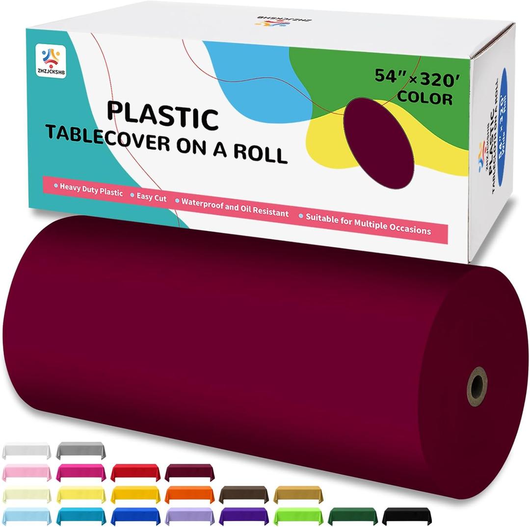 54IN X 320FT Plastic Table Cover Roll with Cutter Box, Cut to Size Plastic Table Cloths for Parties, Birthday, Disposable Tablecloth Roll for All Shape Tables (Burgundy, 54 Inch X 320 Feet)