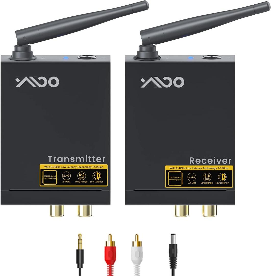 YMOO 2.4Ghz Wireless Audio Transmitter Receiver,192kHz/24bit HiFi Audio,20ms Ultra Low Latency,320ft Long Range RCA Jack Adapter for Speaker/soundbar to TV/PC/CD Player/Computer/Projector