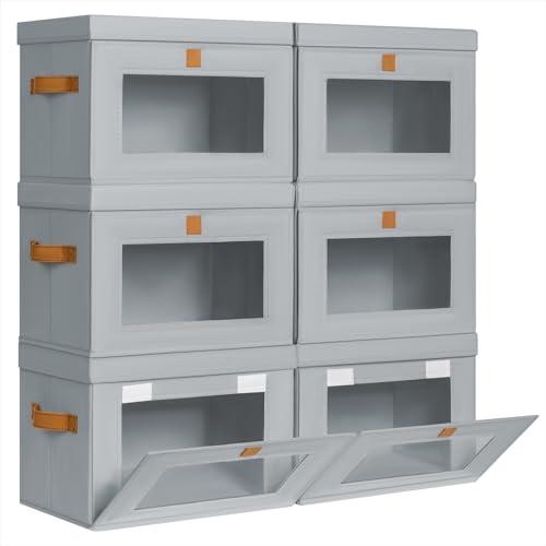 Homsorout Medium Fabric Storage bins - Collapsible Storage Bins with Open Window, 6 Pack Closet Baskets for Shelves, Stackable Decorative Boxes for Home, Dorm, Grey, 13.7"x 9.8" x 9.8"