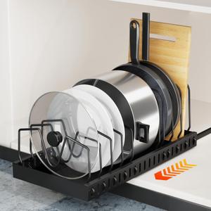 Pots and Pans Organizer for under Cabinet Pull Out Cabinet Organizer Sliding Pot and Pan Organizer in Kitchen, Cabinet Pull Out Shelves, for Pots, Lids and Pan Organizer with Two Types of Shelves (1 Pack), Black