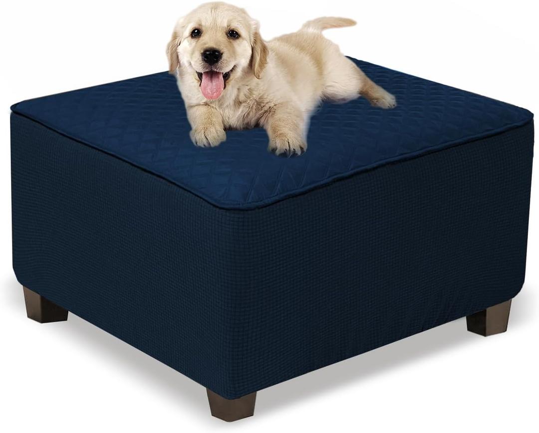 NeColorLife Ottoman Cover Square Waterproof Ottoman Slipcover Thick Storage Footrest Stool Covers Furniture Protector for Pets(Medium Size,Navy Blue)