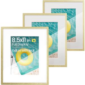 Heimlove Metal 8.5 by 11 Picture Frames Gold Frame with Mat to 6x8 Set of 3, 8.5x11 Mat to 6x8