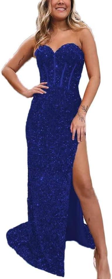 Women’s Sequin Mermaid Prom Dress 2024 Sparkly Corset Strapless Long Cocktail Dress Glitter Evening Party Gowns 12