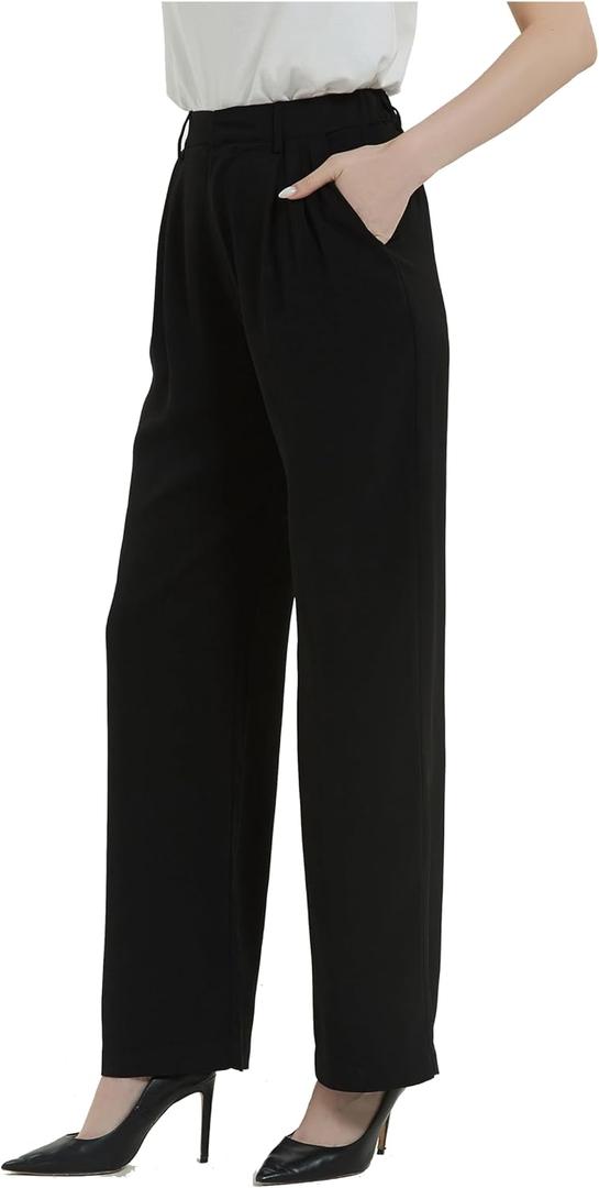 Tronjori Women High Waist Casual Straight Leg Long Business Work Suit Dress Pants Wide Leg Trousers Regular Waistband (16, Black)