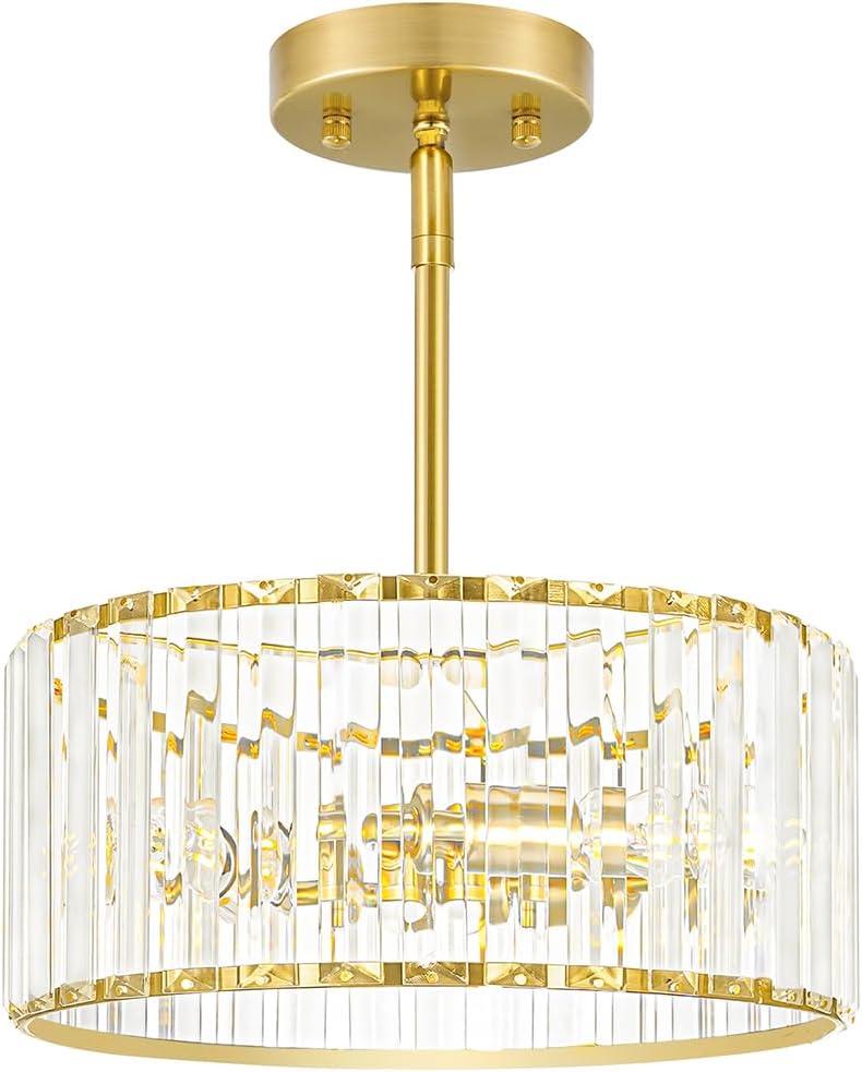 Gold Crystal Chandelier for Dining Room, 3-Light Modern Semi Flush Mount Ceiling Pendant Light Fixture, Round Pendant Lights Kitchen Island, Chandelier for Living Room Bedroom Hallway Entryway, E12