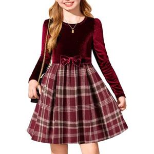 Arshiner Girls Dresses Long Sleeve Velvet Plaid Patchwork Holiday Party Dress with Pockets 120