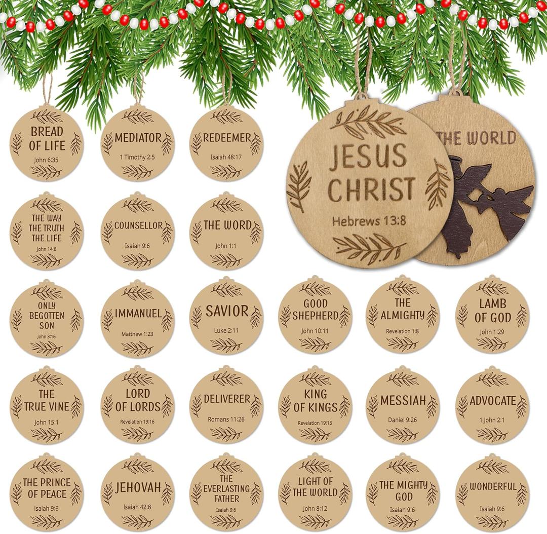 50 PCS Names of Jesus Christ Christmas Ornaments, 3 Inch Rustic Wood Religious Ornaments with Savior Names and Jesus Scene for Religious Gift, Christmas Tree Holiday Wedding Decor