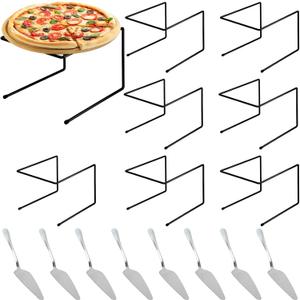 16 Pcs Pizza Pan Riser Stands Sets Includes 8 Black Metal Pizza Stand Rack Table Stands Pan Riser Food Platter Tray and 8 Stainless Steel Pie Servers with Handle for Dessert Cheese Baking