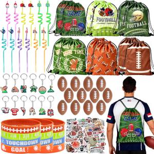 J6&H6 110 Pcs Football Party Favors Football Goodie Bags Including 12 Football Drawstring Bags Stress-relieving Football Straws Keychains silicone Wristband and stickers for FootballParty Gift.