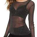 ZHER-LU Women's Casual Solid High Neck Sheer Mesh Long Sleeve Tee Shirt Top (Black, L) 8 Pack