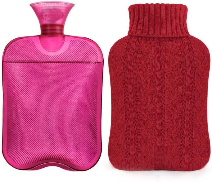 samply Hot Water Bottle with Knitted Cover, 2L Hot Water Bag for Hot and Cold Compress, Hand Feet Warmer, Ideal for Menstrual Cramps, Neck and Shoulder Pain Relief,Red