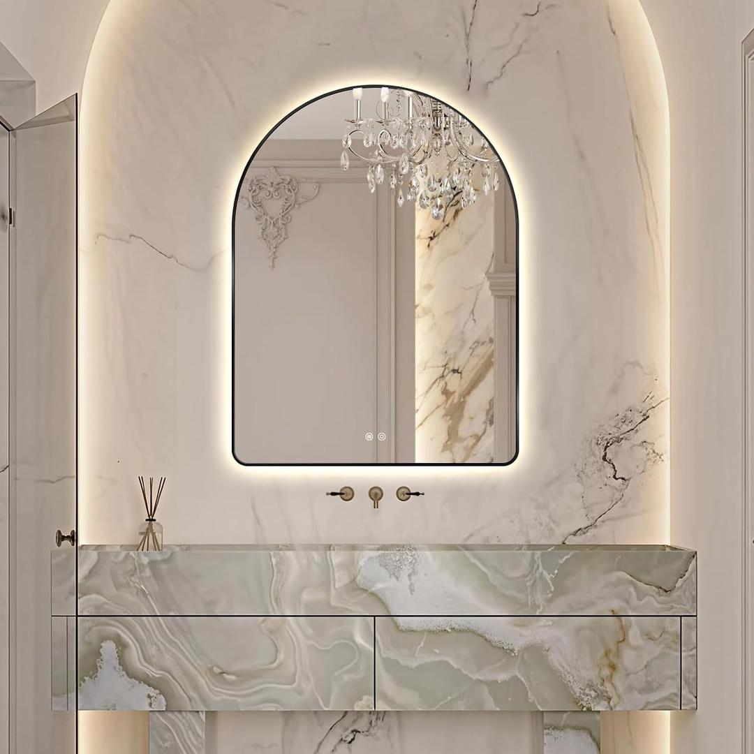 Niccy Arched LED Lighted Bathroom Mirror, 40x30 Inch Backlit Vanity Bathroom Mirror with Lights Brushed Black Framed Wall Mounted Mirrors with 3 Color Shatterproof Arch Smart Fog Free Mirror