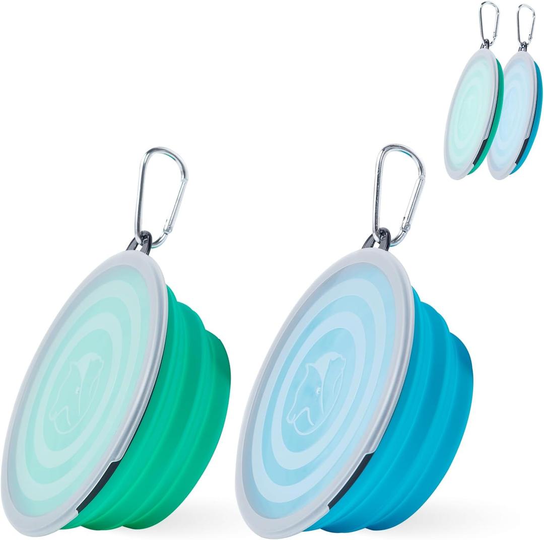 SLSON Dog Bowls Pet Collapsible Bowl with Cover Lids, 2 Pack Dog Travel Bowls Portable Foldable Cat Water Dish Bowl for Pets Walking Parking Camping (Light Blue and Green, Medium)