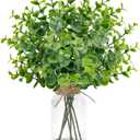 Der Rose 14.5" Fake Plants for Bathroom Decor Artificial Eucalyptus Stems in Clear Glass Vase with Faux Water for Office Desk Accessories Home Wedding Decor