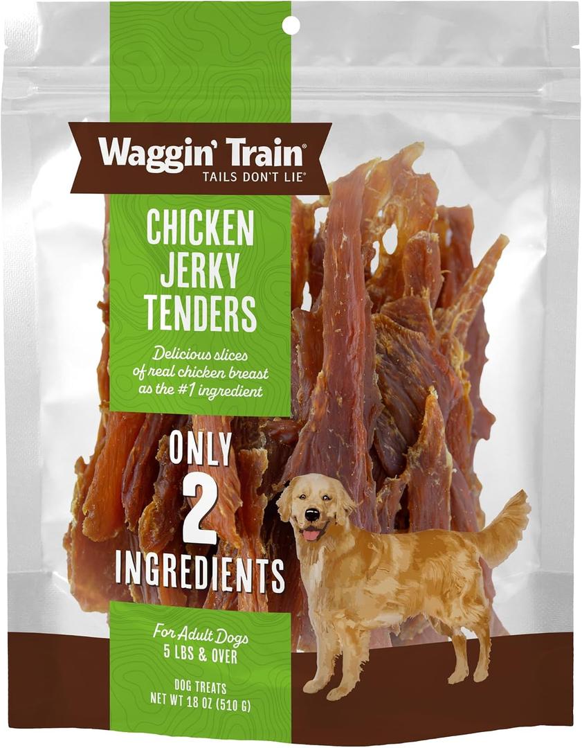 Waggin' Train Chicken Jerky Dog Treats, Made with 100% Real Chicken Breasts, Only Two All-Natural Ingredients, Great High Protein Dog Treat, Easily Digestible for Big or Small Dogs, 18 oz. Pouch (EXP 02/01/28)