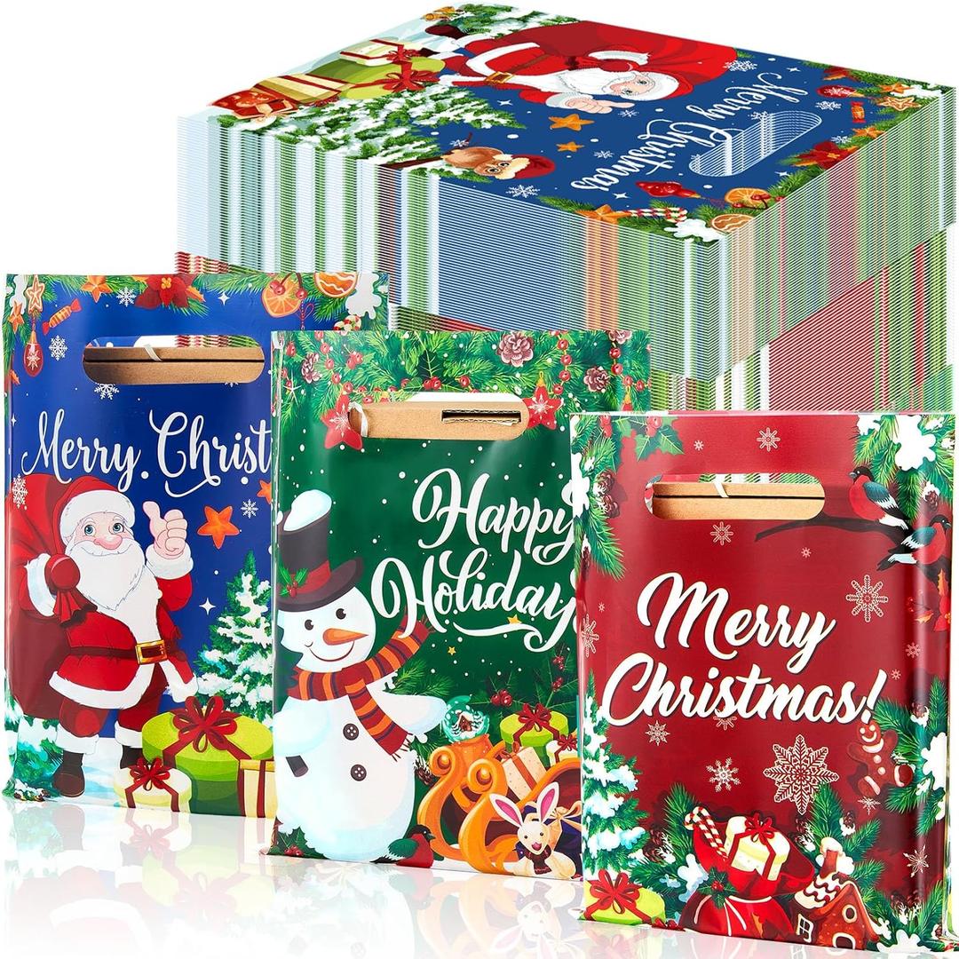 Cholemy 120 Pcs Christmas Merchandise Bags Bulk Christmas Plastic Bags 8'' x 10'' Xmas Favor Gift Bag Xmas Party Favor Bag with Handle for Shopping Holiday Boutique Treat(Cartoon)