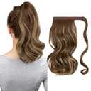 CJL HAIR 14" Short Ponytail Hair Extension Wrap Around Pony Tail Clip in Curly Wavy Synthetic Fake Hairpiece for Women Ash Medium Brown/Ash Blonde