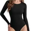 Womens Long Sleeve Body Suits Crew Neck Thong Bodysuits Shirts Trendy Fall Going Out Tops Y2k 2025 (Small)