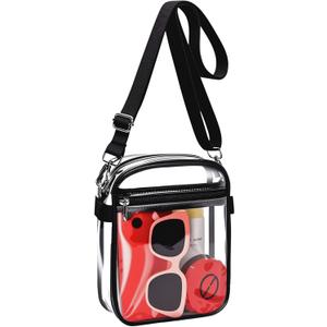MAY TREE Clear Purse Stadium Approved with Adjustable Strap, 8.5”x6.8”x3” Clear Bag for Stadium Events, Concerts, Work, Black Strap