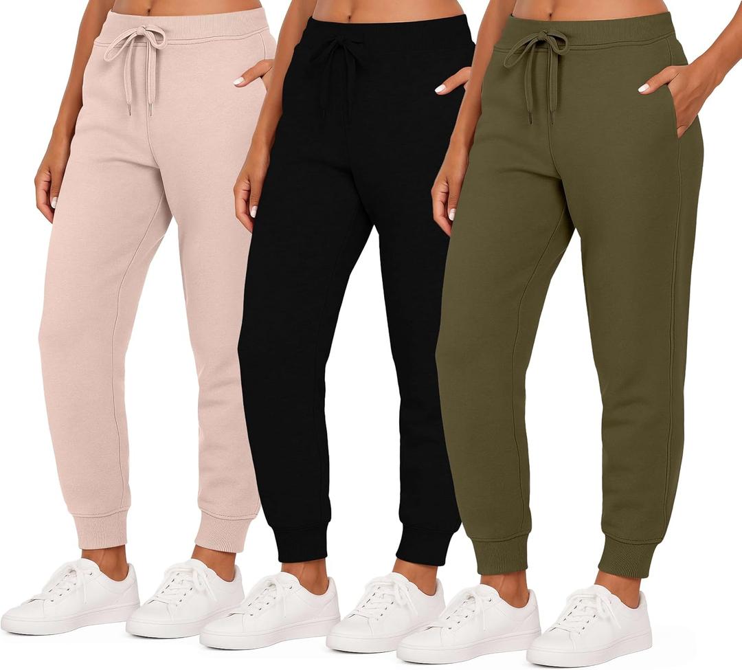 Real Essentials 3 Pack: Women's Ultra-Soft & Warm Fleece Joggers Sweatpants with Pocket (XXL)