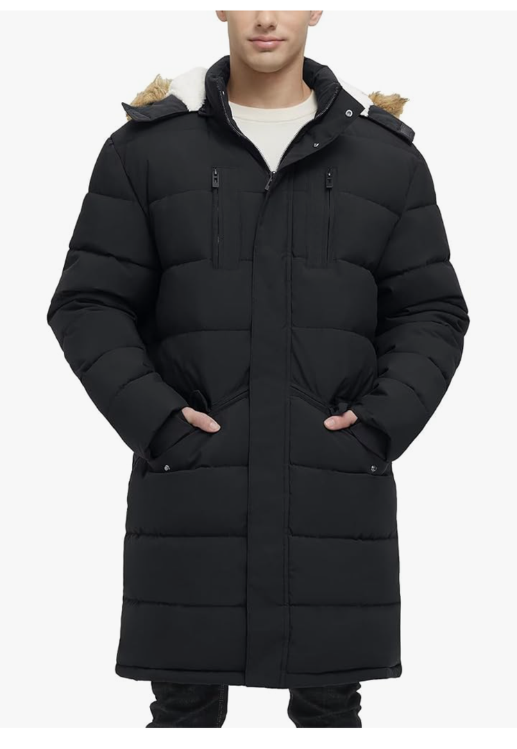 Men's Extra Long Fleece Puffer Jacket Outerwear Winter Coats Hooded Parka Warm Water-resistant Cold Weather, XL