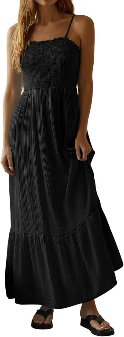 R.Vivimos Womens Summer Boho Cotton Maxi Dress Adjustable Spaghetti Strap Elastic Smocked Casual Ruffle Hem Flowy Beach Dress (Medium, Black)